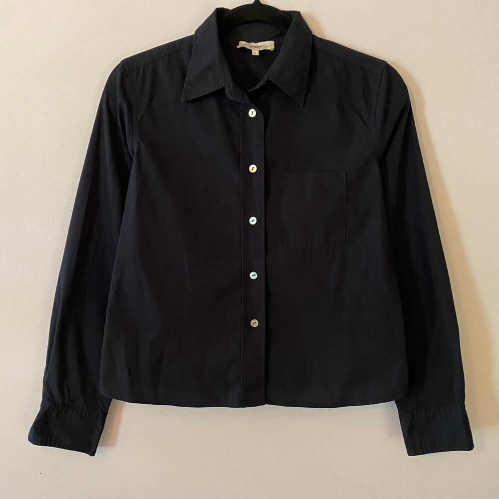 Vince Navy Blue Button Down Shirt Preppy Minimalist Cotton Blend Cropped size 2
